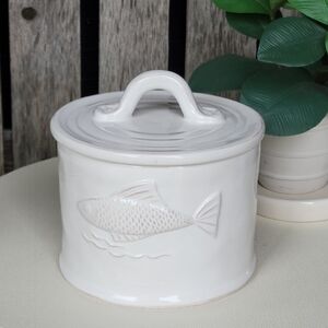 Fish Embossed Motif Jar & Lid White Ceramic